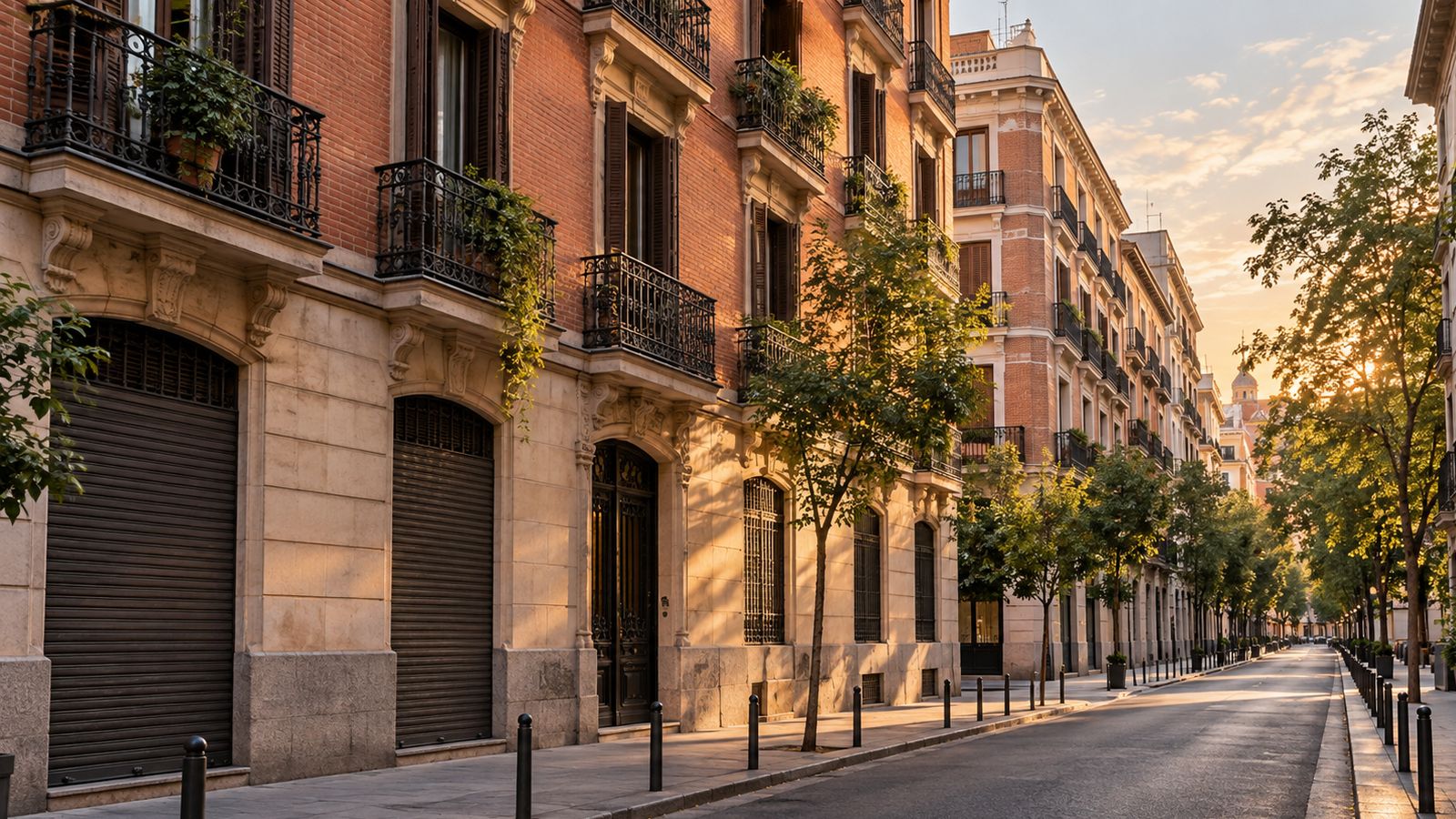 Calle residencial de Madrid con edificios de ladrillo y balcones al atardecer