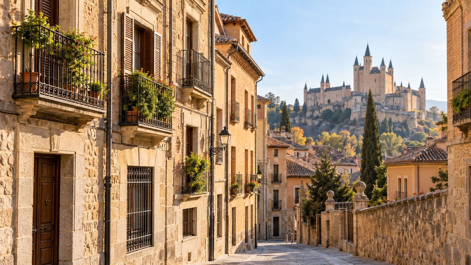 Calle residencial de Segovia con edificios de piedra y balcones, con el Alcázar al fondo