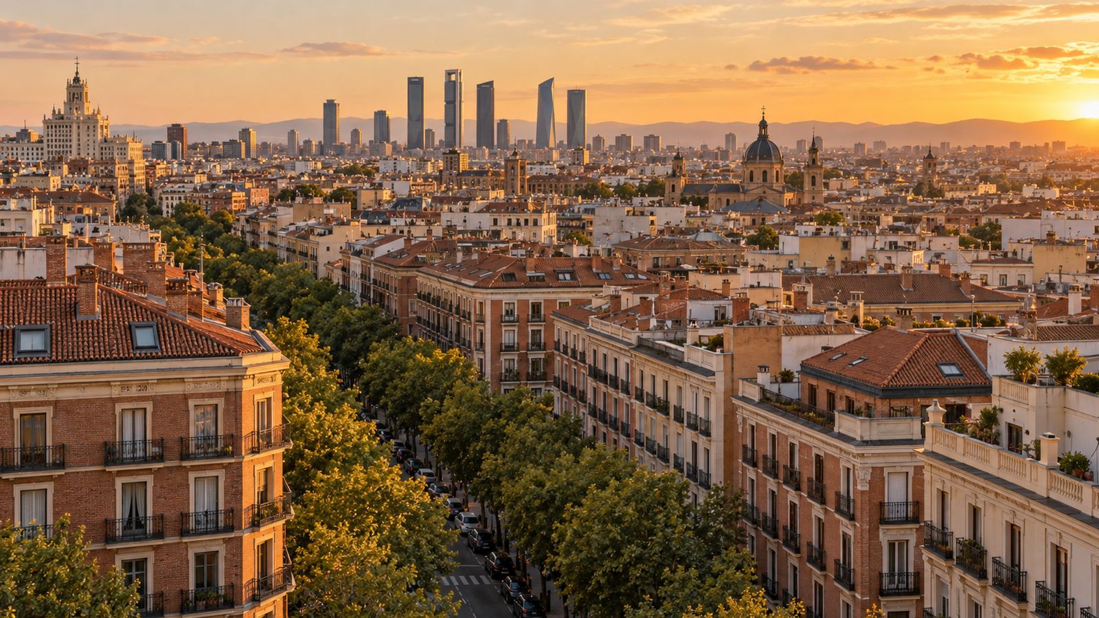 Vista aérea al atardecer de un barrio residencial de Madrid con tejados de teja y las torres modernas al fondo