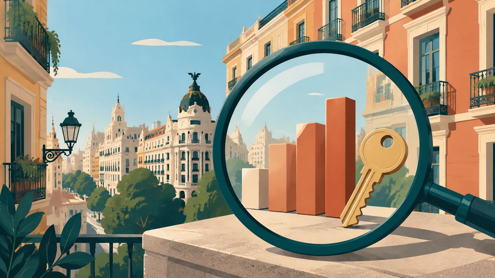 Ilustración de fachadas madrileñas con una lupa sobre un gráfico de barras y una llave