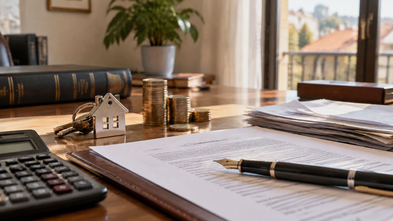 Calculadora, escritura de compraventa, llavero con forma de casa y monedas de euro sobre un escritorio