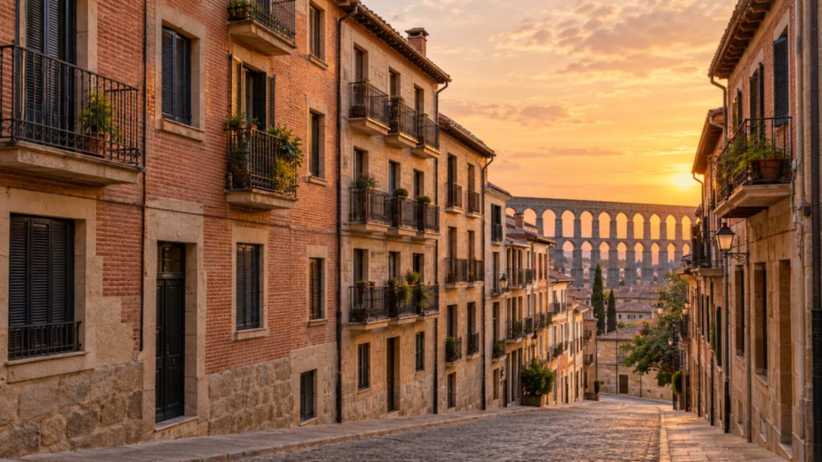 Calle empedrada de Segovia con edificios de viviendas y el acueducto al fondo