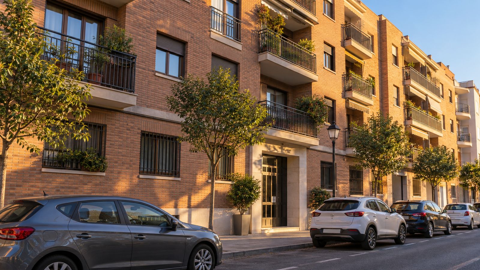 Edificio residencial de ladrillo con coches aparcados en la calle, sin garaje propio