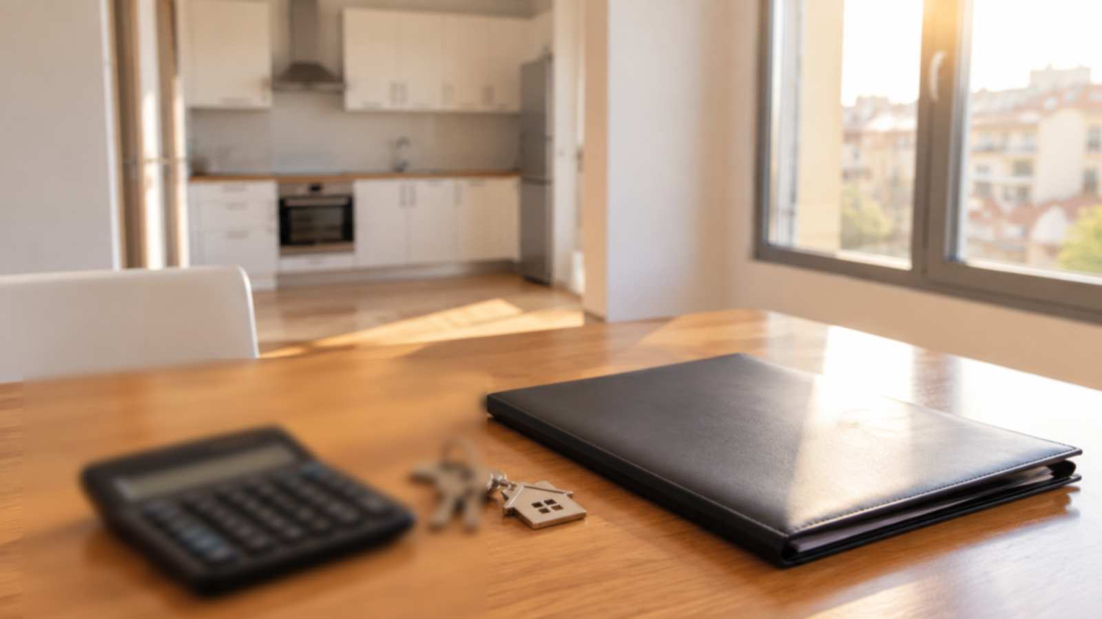 Mesa de un piso vacío con calculadora, llaves y carpeta junto a una ventana