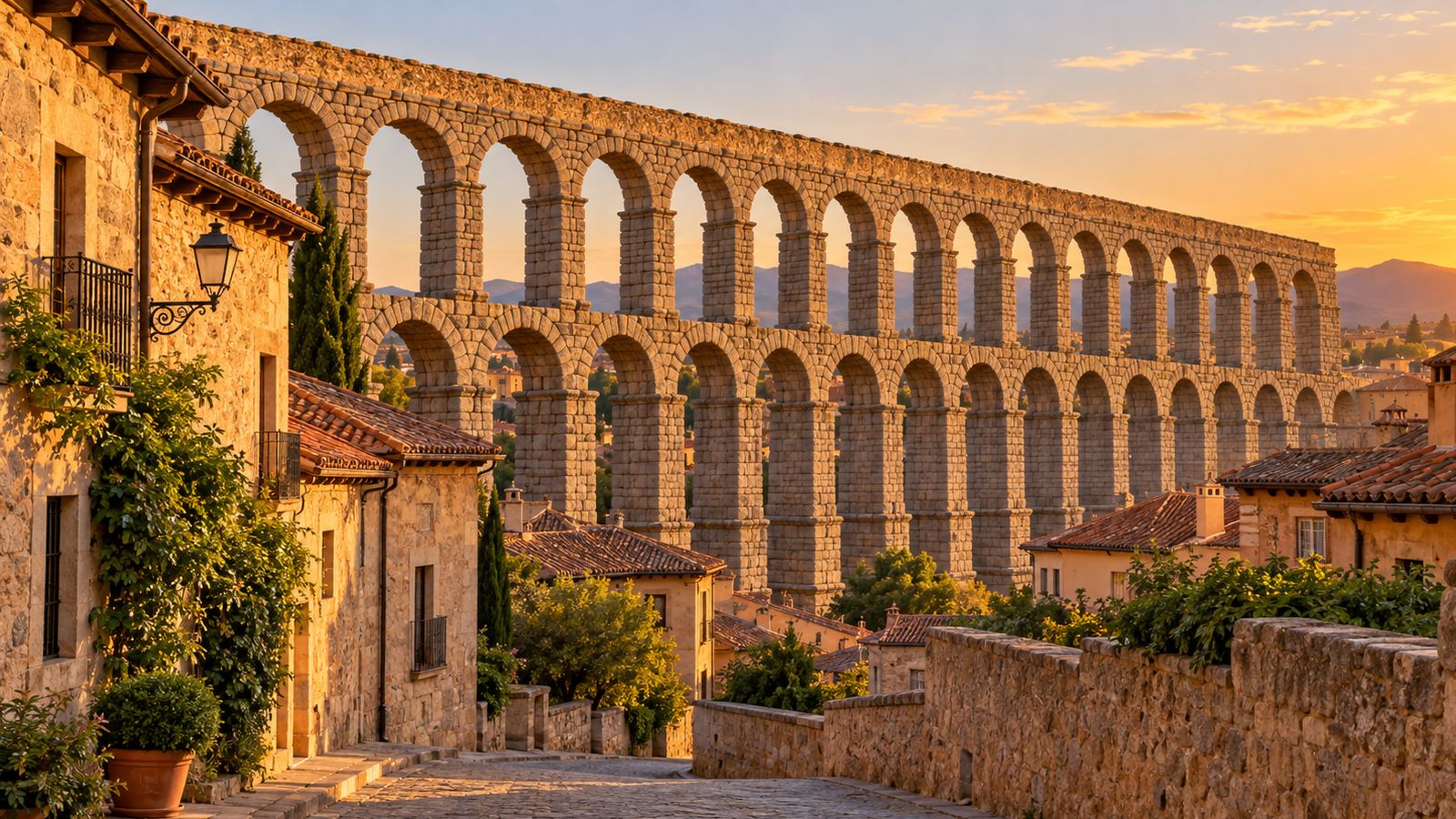 Acueducto de Segovia al atardecer desde una calle empedrada del casco antiguo