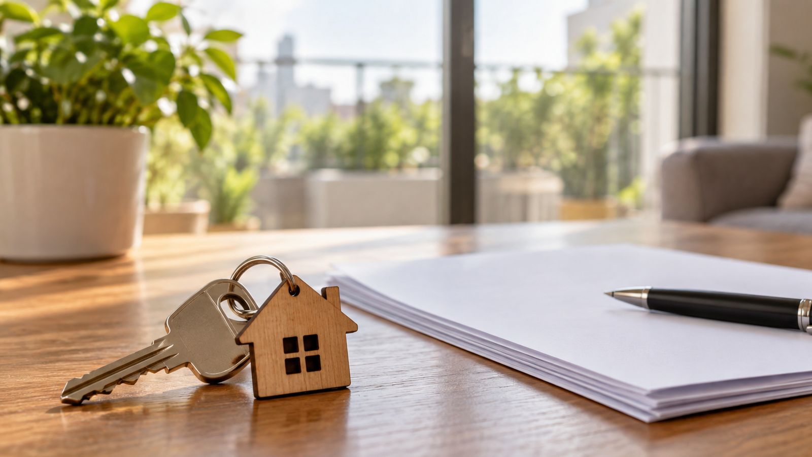 Llave con llavero de madera en forma de casa sobre una mesa con documentos en blanco