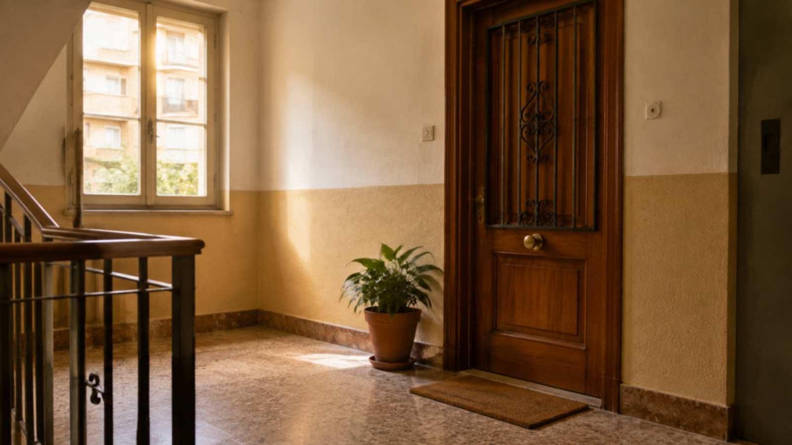 Rellano de finca antigua con puerta de vivienda cerrada, maceta y luz cálida