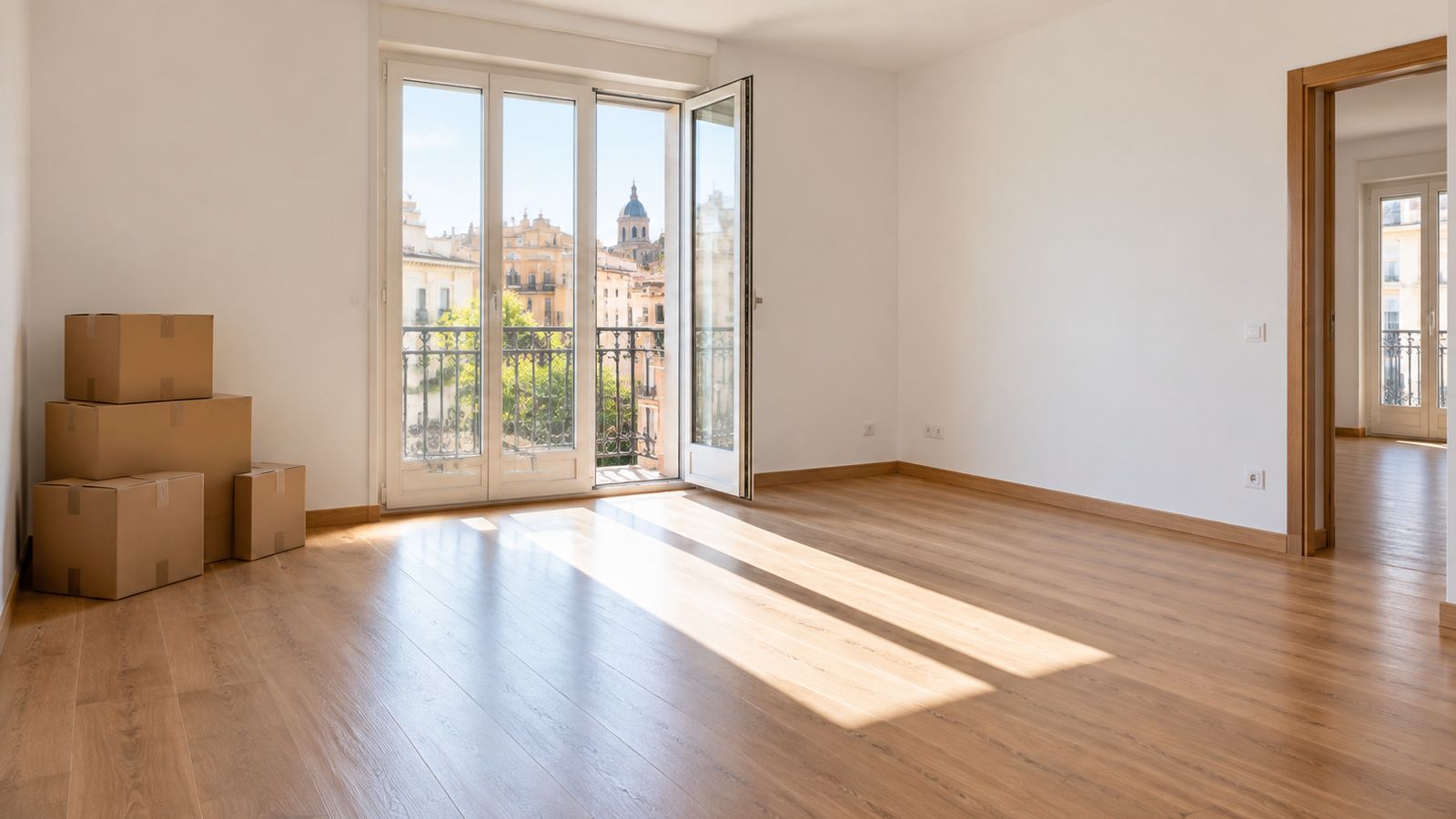 Salón vacío de un piso con cajas de mudanza, listo para amueblar o alquilar sin muebles