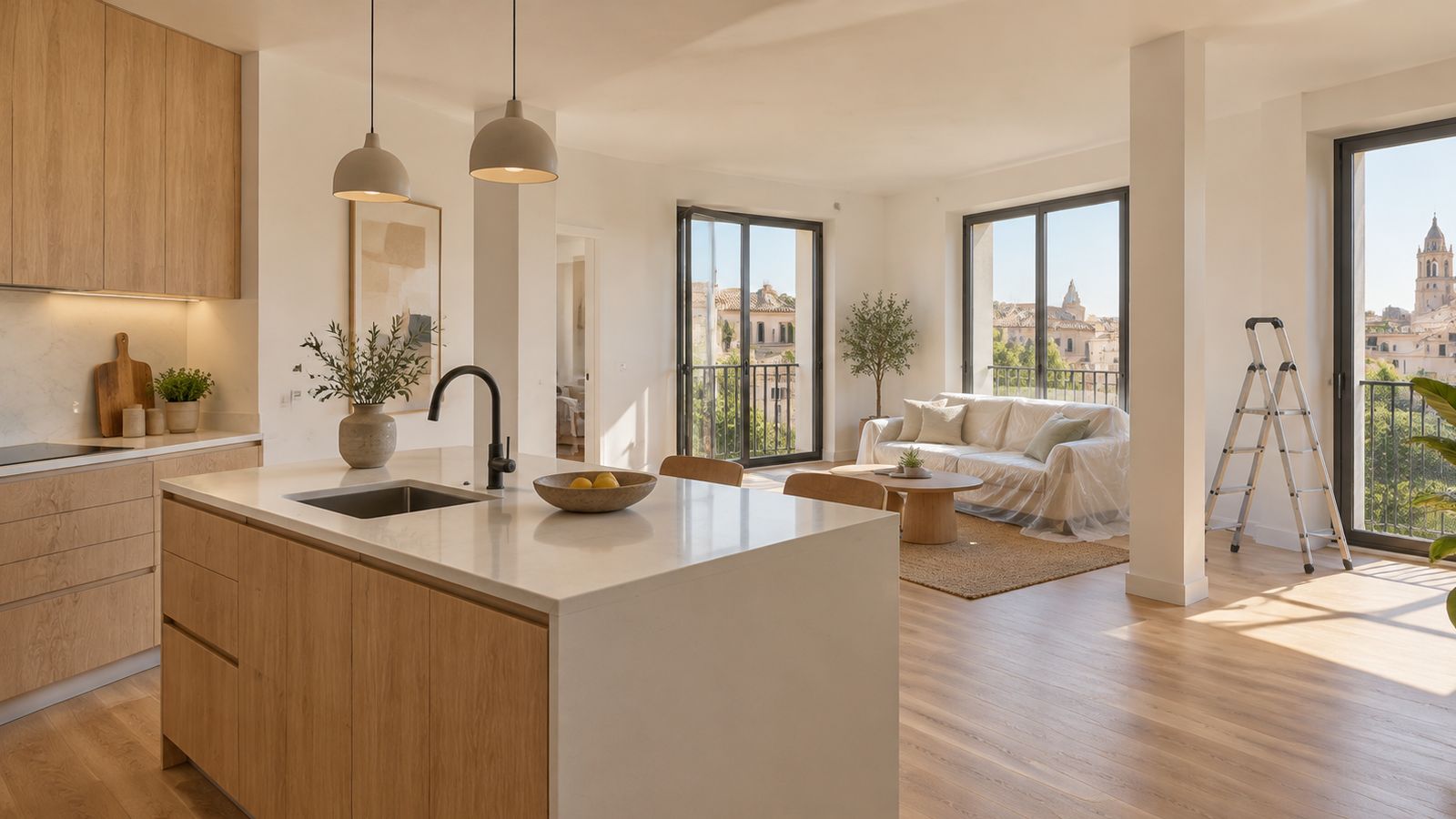 Cocina y salón de un piso recién reformado, luminoso y con ventanas nuevas