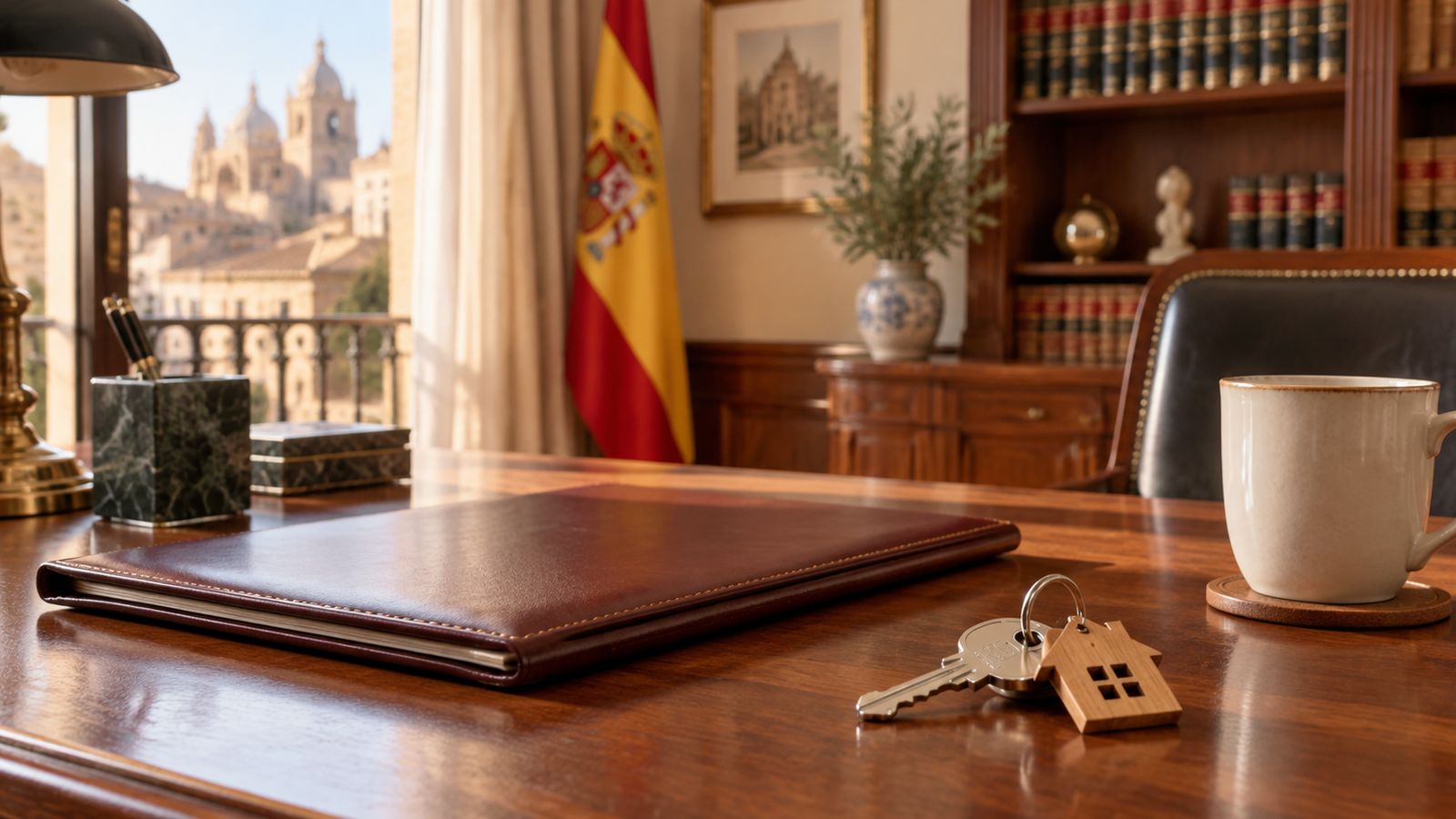 Despacho de notaría con carpeta, llaves y una taza sobre la mesa