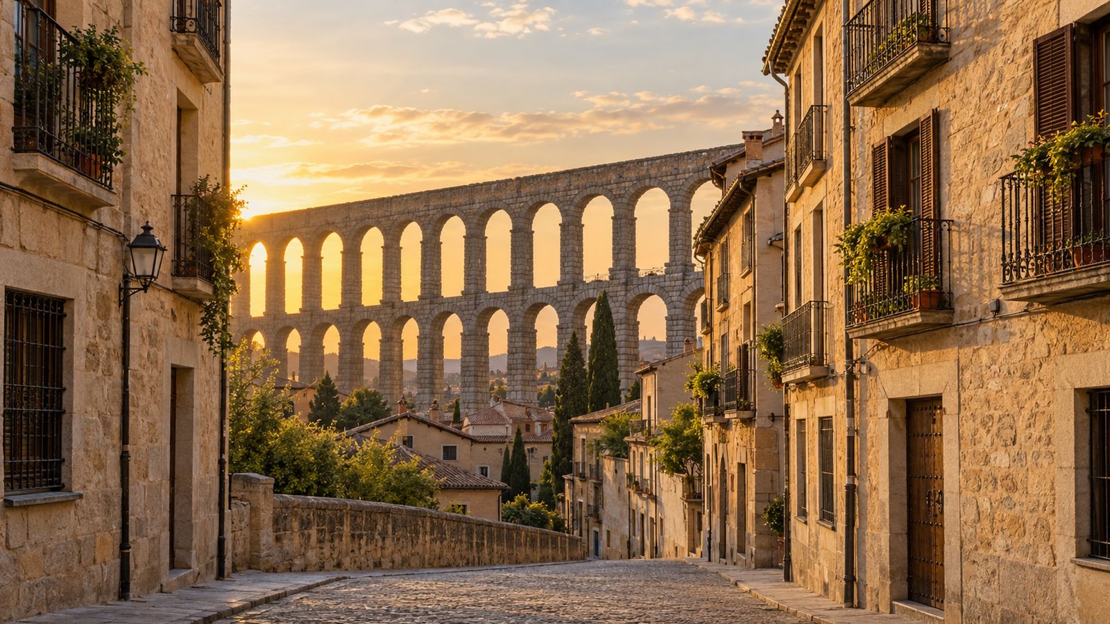 Calle empedrada del casco antiguo de Segovia con el acueducto al fondo al atardecer