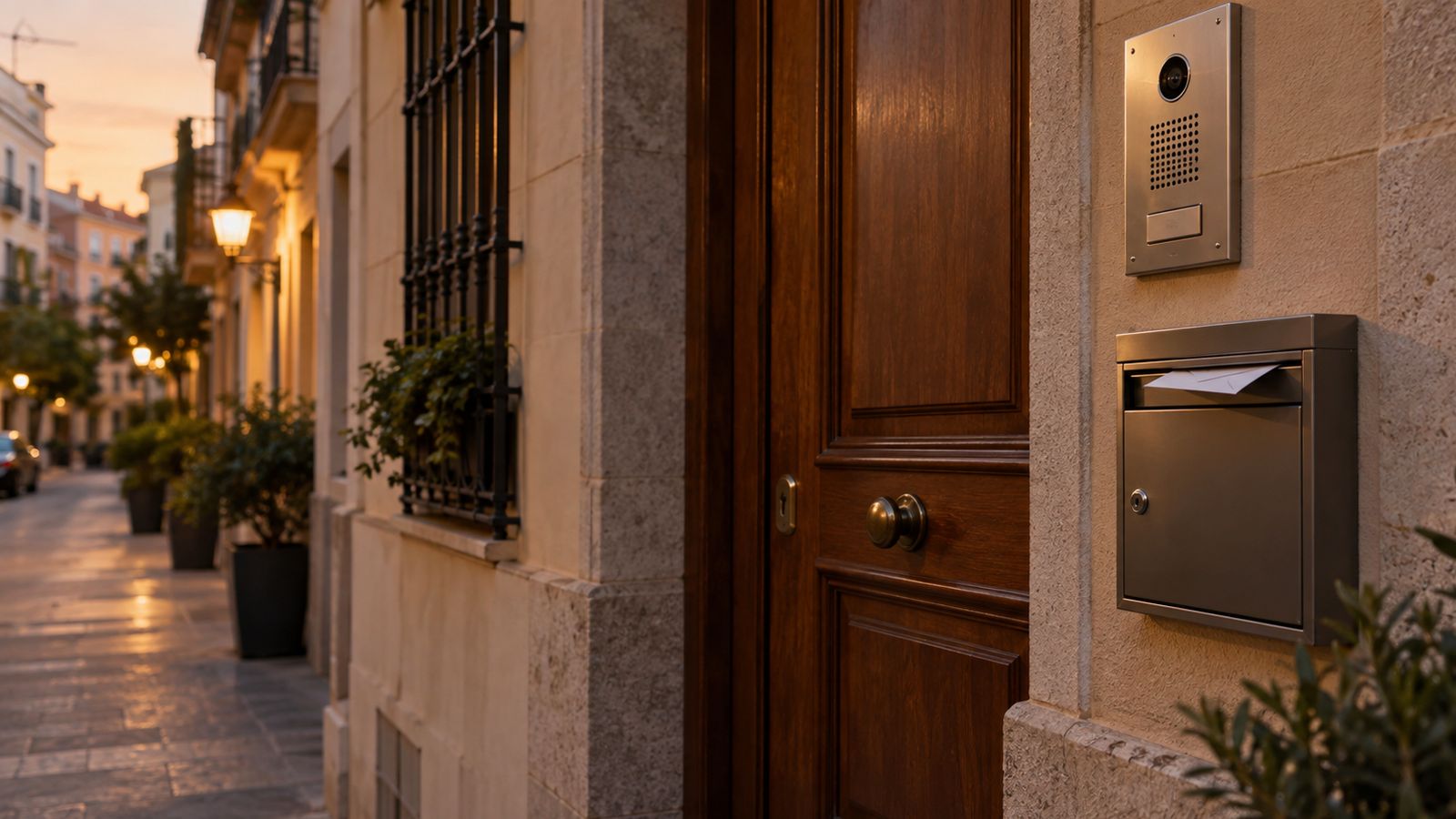 Portal de un edificio residencial con buzón e interfono al atardecer