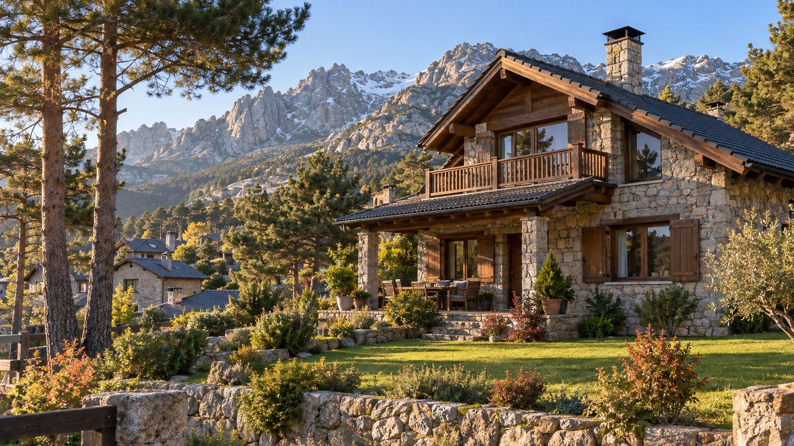 Chalet de piedra y madera con jardín en la sierra de Madrid, con montañas al fondo