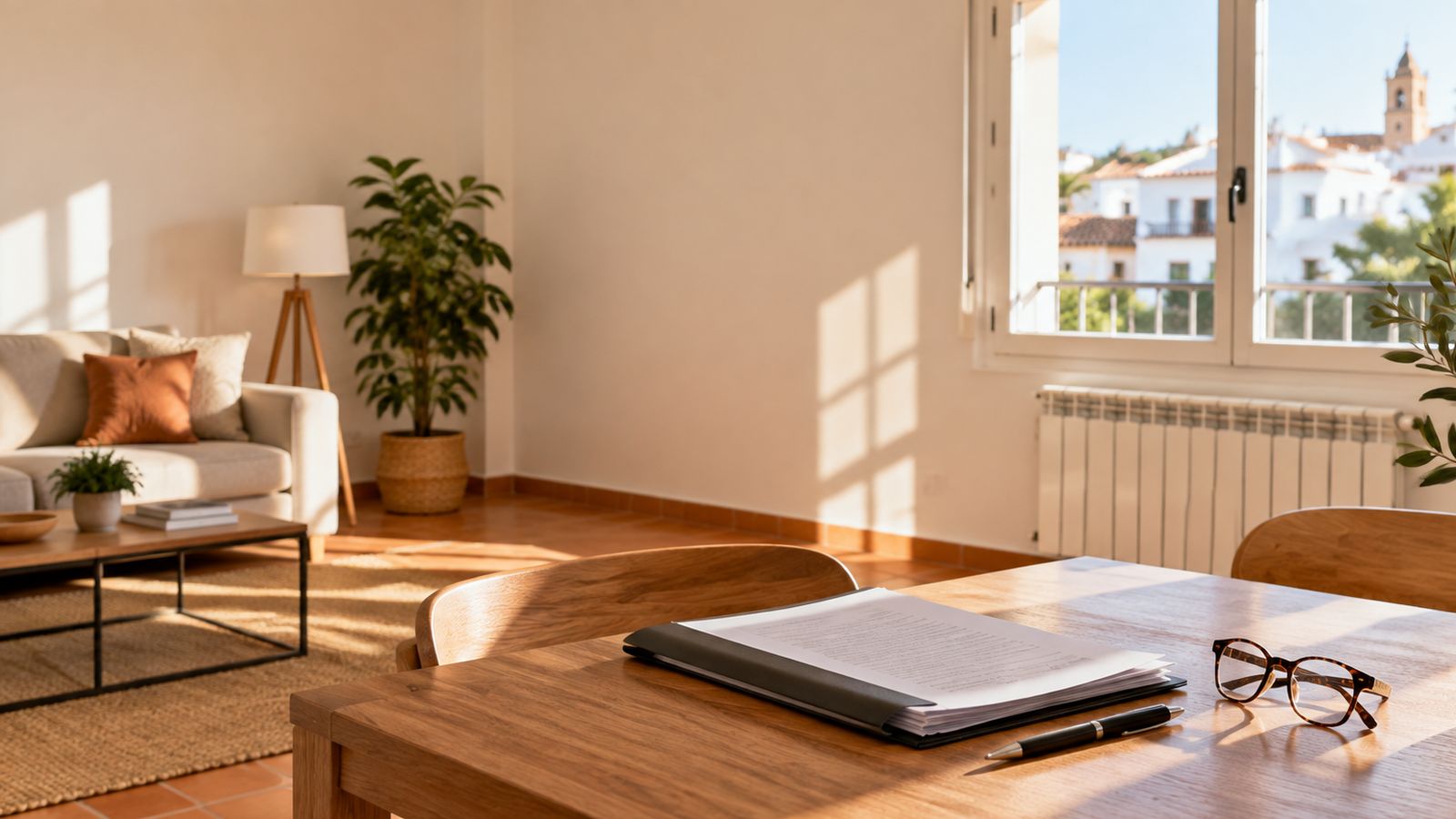 Salón de un piso preparado para la venta con una carpeta de documentos sobre la mesa
