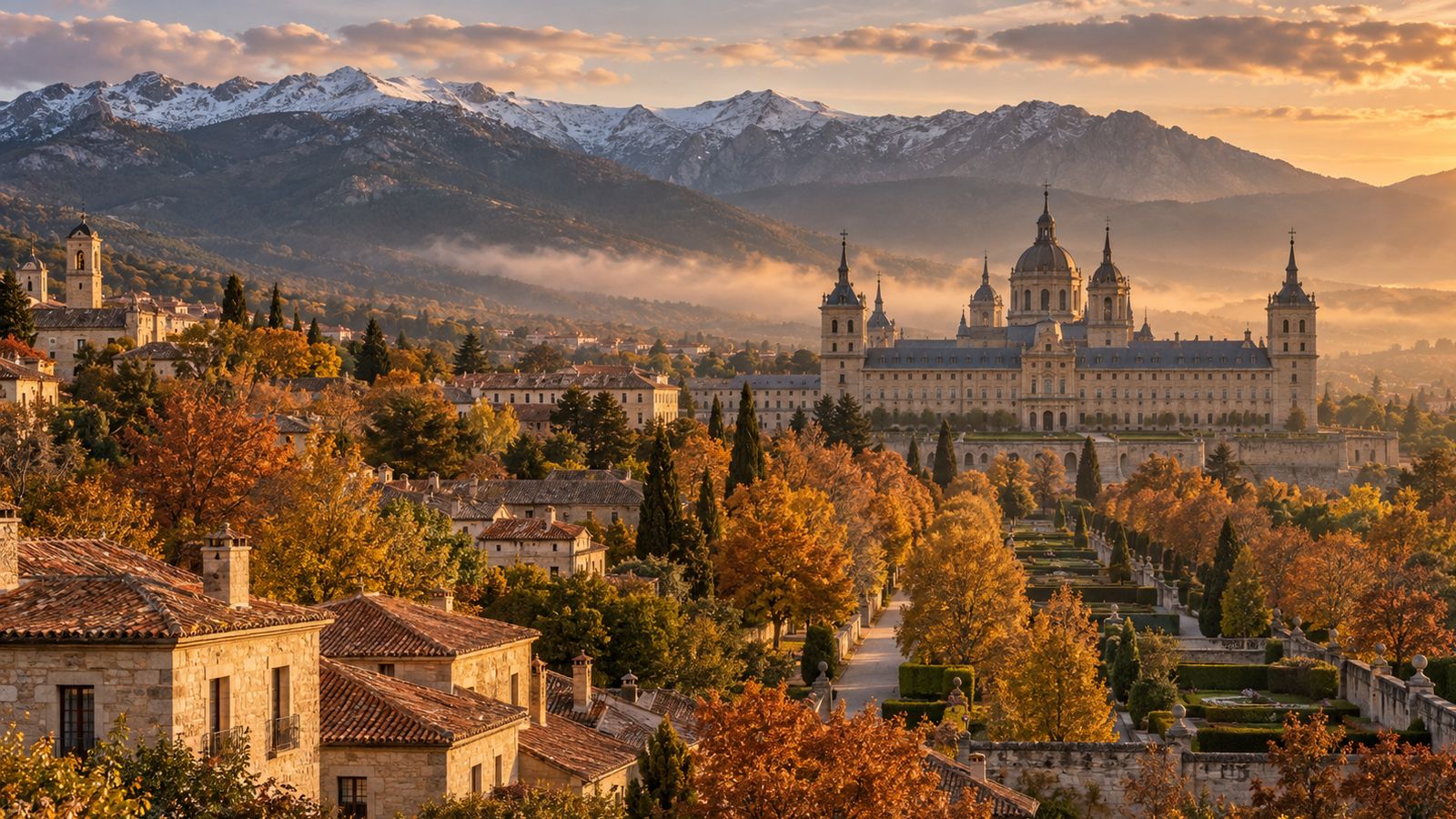 Pueblo serrano con palacio barroco, jardines en otoño y montañas nevadas al fondo