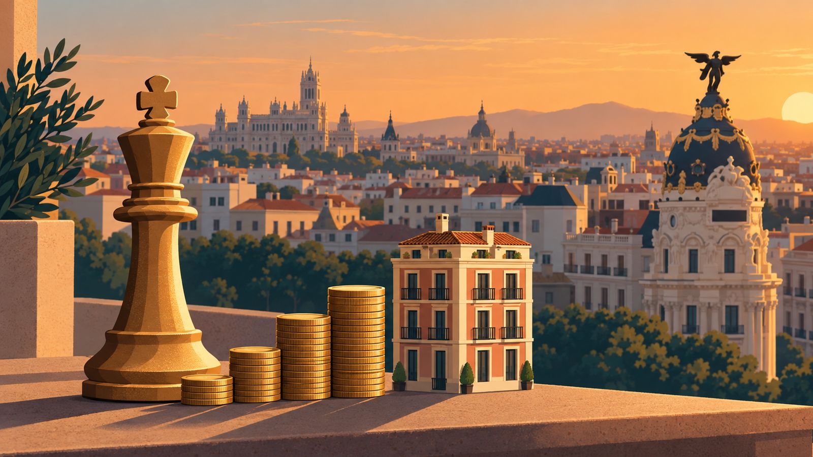 Ilustración del skyline de Madrid al atardecer con un rey de ajedrez, monedas en escalera ascendente y un pequeño edificio de viviendas