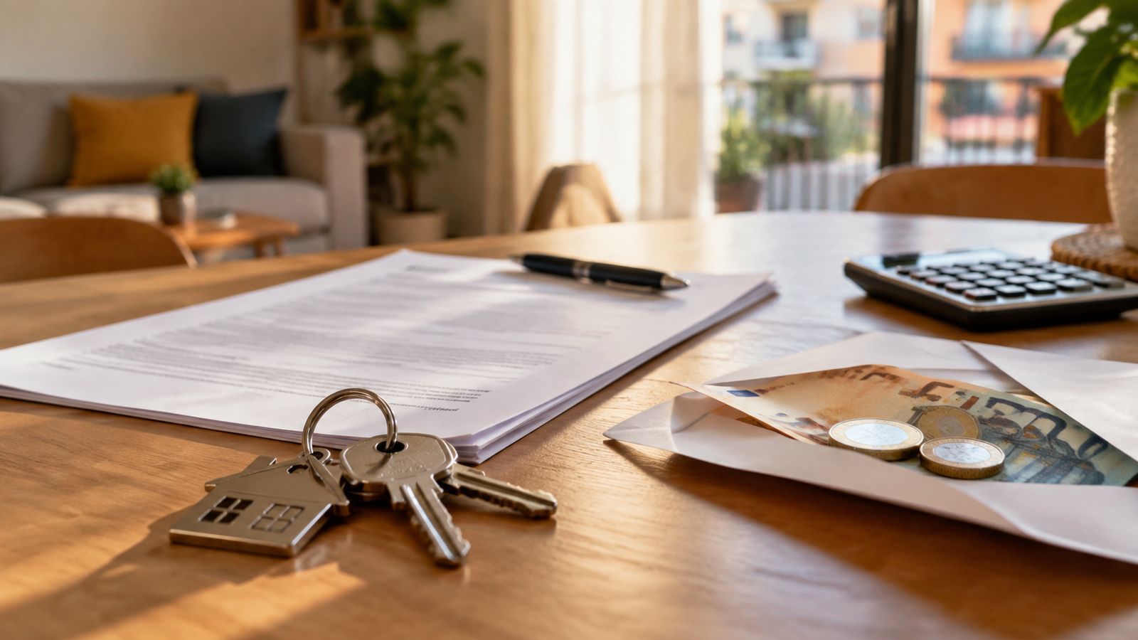 Llaves de piso, contrato de alquiler y sobre con dinero sobre una mesa de madera