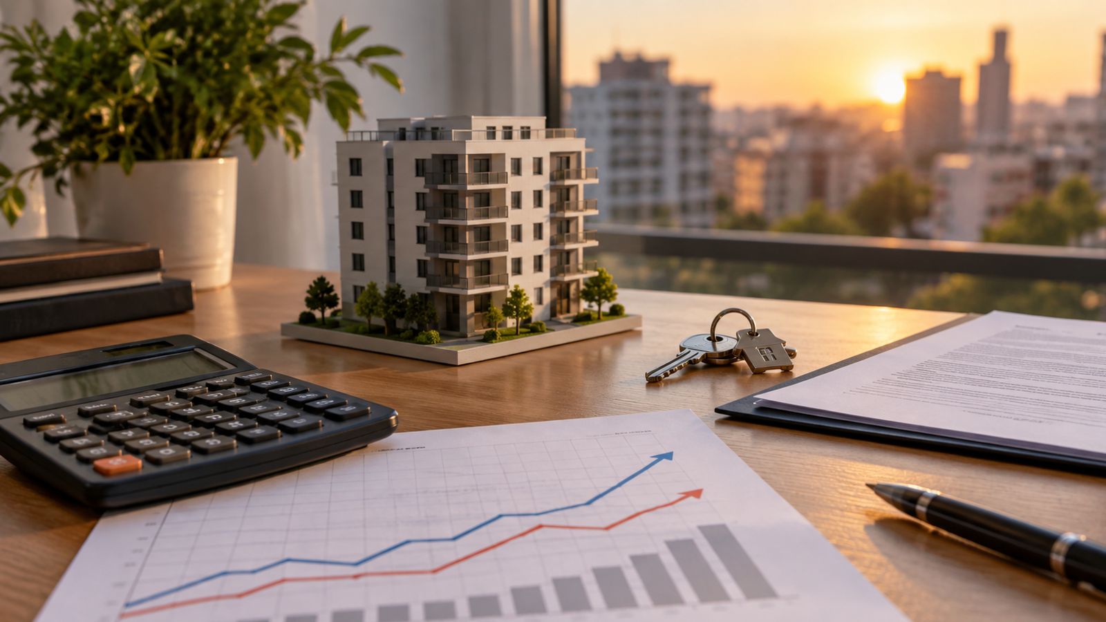 Calculadora, gráfico de tipos de interés y maqueta de edificio de viviendas sobre una mesa