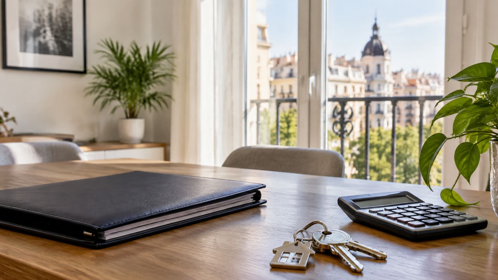 Mesa de madera con llaves, calculadora y carpeta junto a una ventana con vistas a Madrid