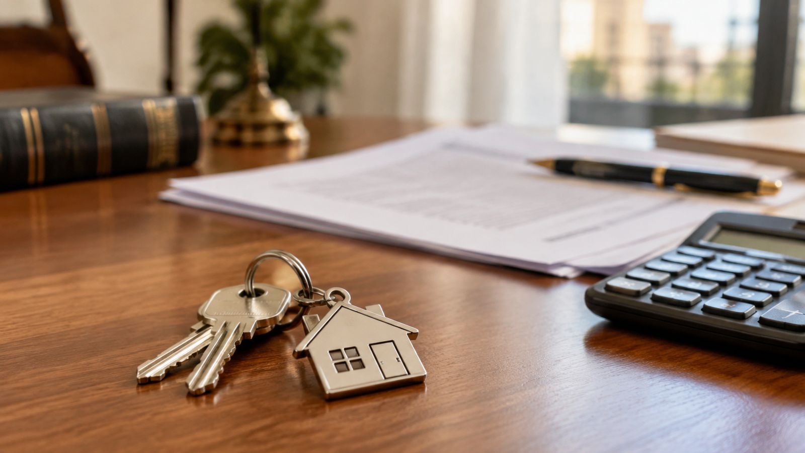 Llaves de vivienda con llavero de casita sobre un escritorio de notaría junto a documentos y una calculadora