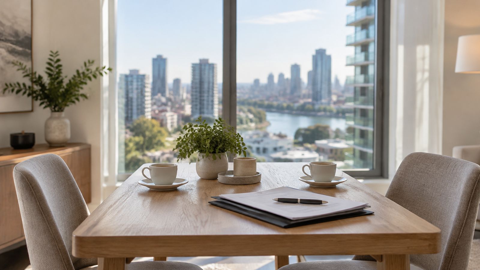 Mesa de comedor de un piso luminoso preparada para una conversación, con dos sillas, documentos y dos tazas de café
