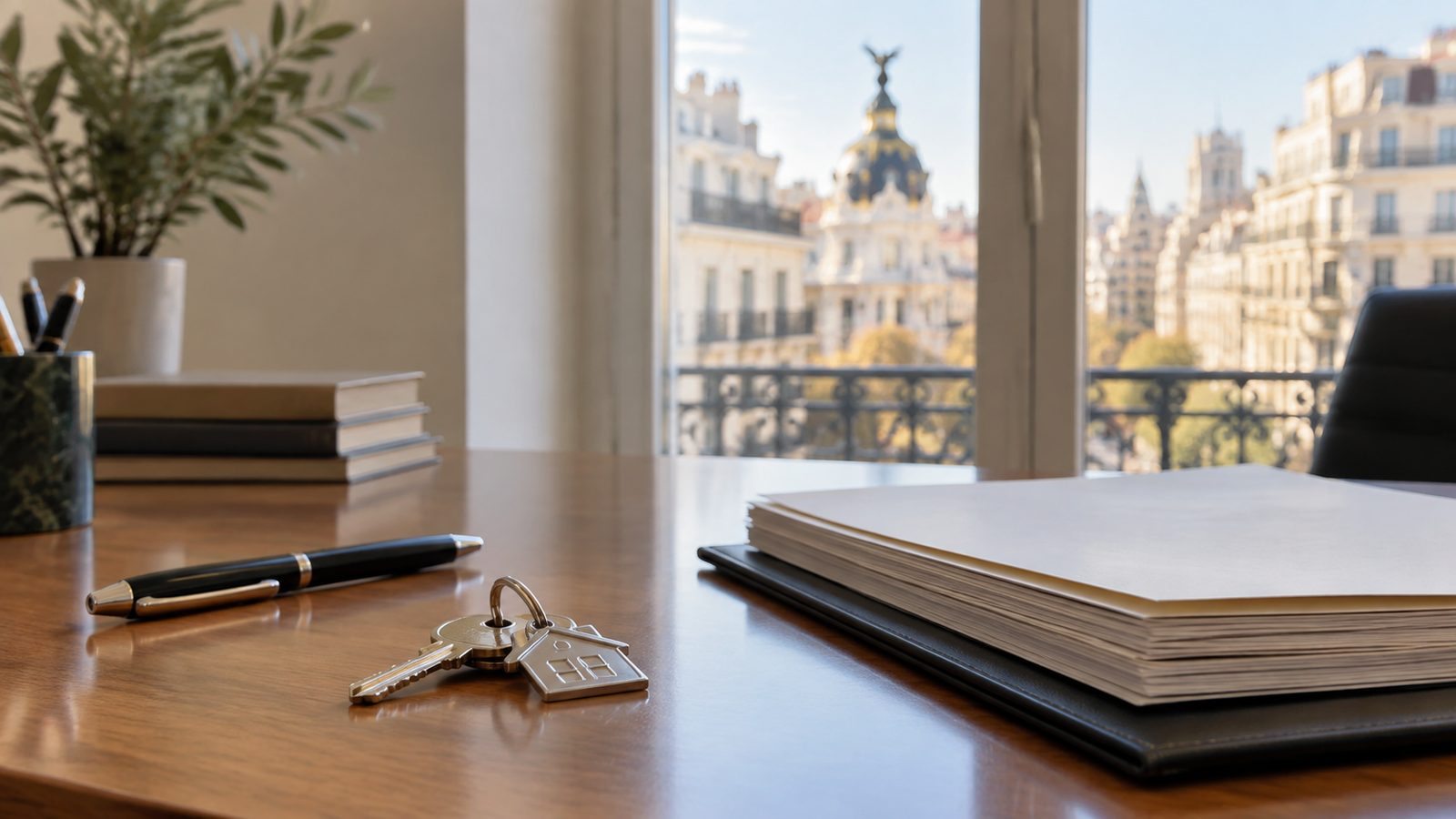 Mesa de despacho con llaves de vivienda, bolígrafo y carpeta de escrituras frente a una ventana con edificios de Madrid
