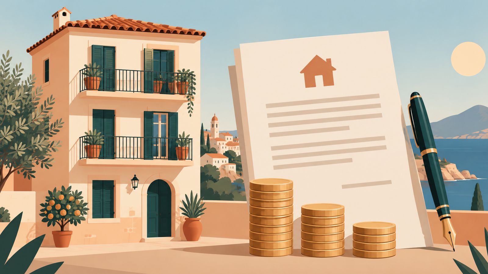 Ilustración de una vivienda mediterránea junto a un contrato de alquiler, una pluma y tres pilas de monedas en descenso