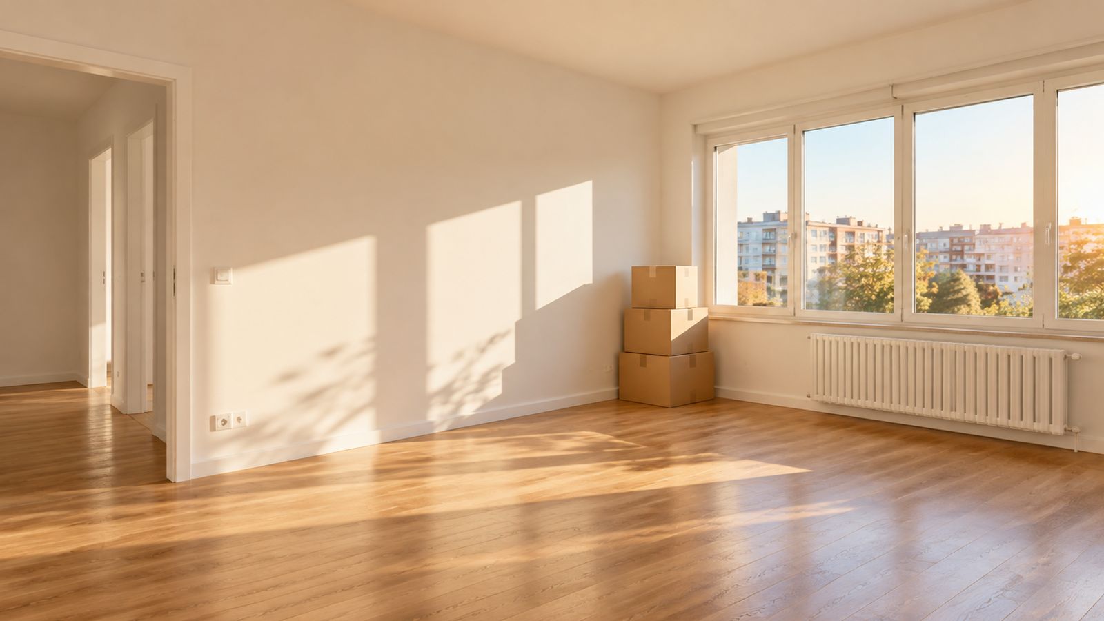 Salón vacío de un piso con cajas de mudanza y luz de tarde entrando por el ventanal