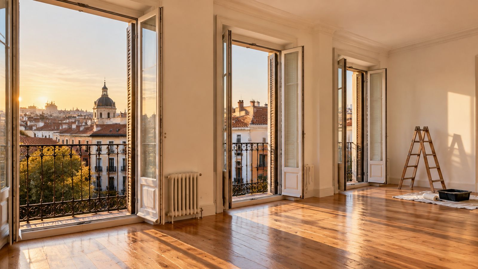 Salón vacío y luminoso de un piso de Madrid con vistas a los tejados al atardecer