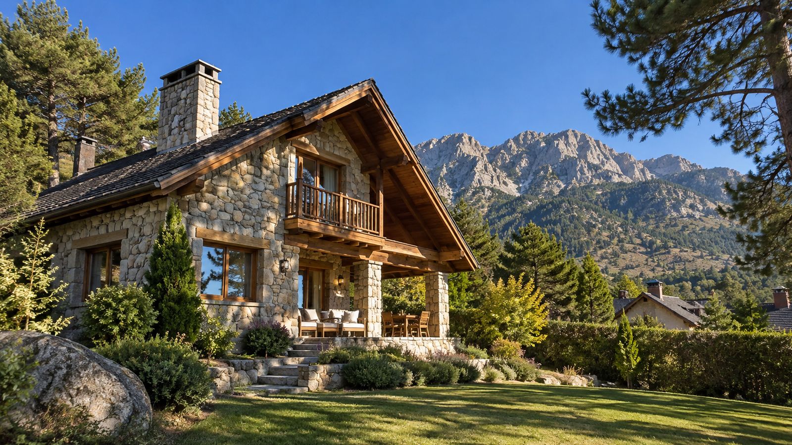 Chalet de piedra y madera con jardín entre pinos y picos de granito en la sierra de Madrid