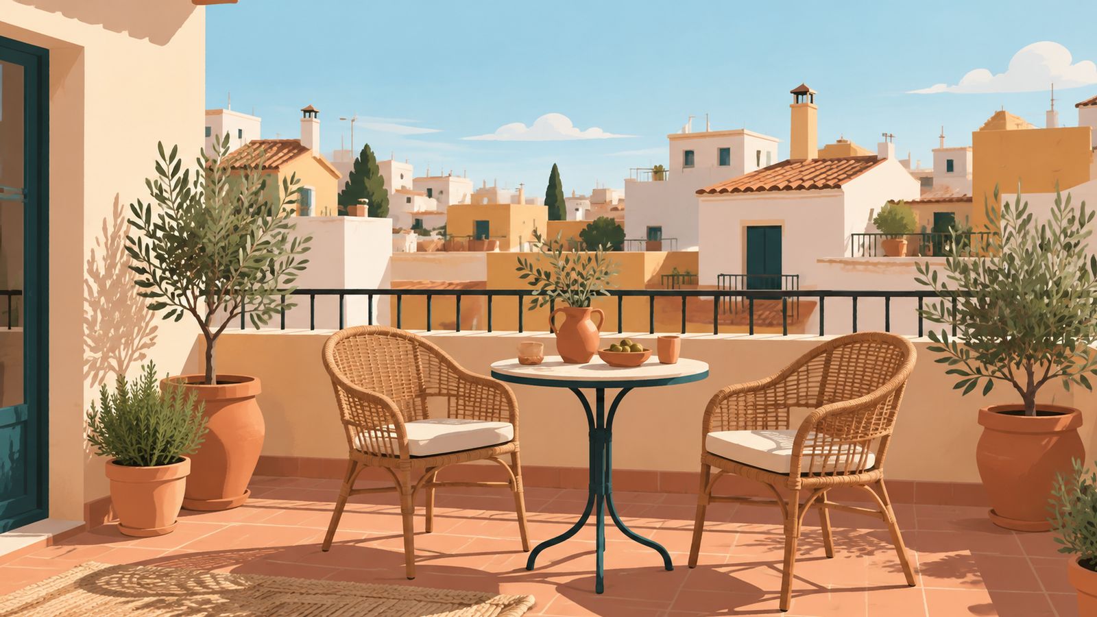 Ilustración de una terraza soleada con dos sillas de ratán, mesa y macetas de olivo sobre tejados mediterráneos