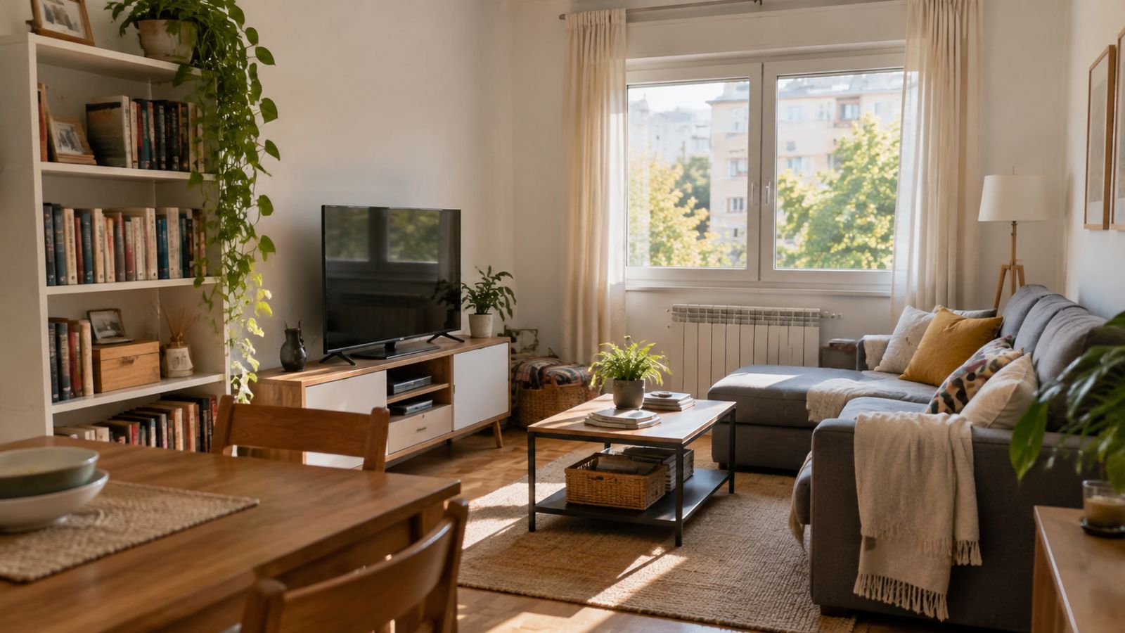Salón ordenado y vivido de un piso alquilado con sofá, estantería y ventana con luz de mañana