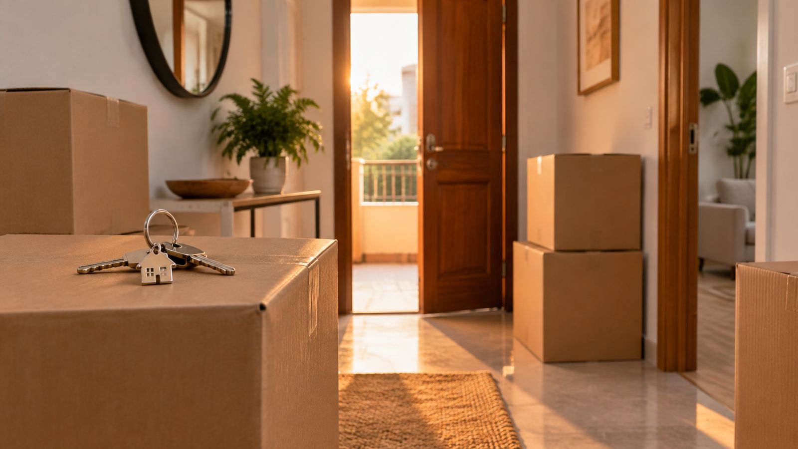 Recibidor de un piso en plena mudanza con cajas de cartón y unas llaves con llavero de casita encima