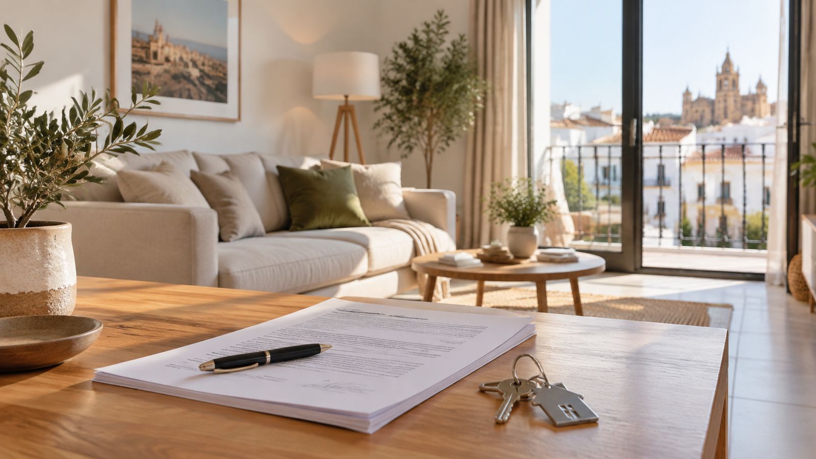 Documentos de venta y unas llaves sobre la mesa de madera de un piso luminoso preparado para la venta